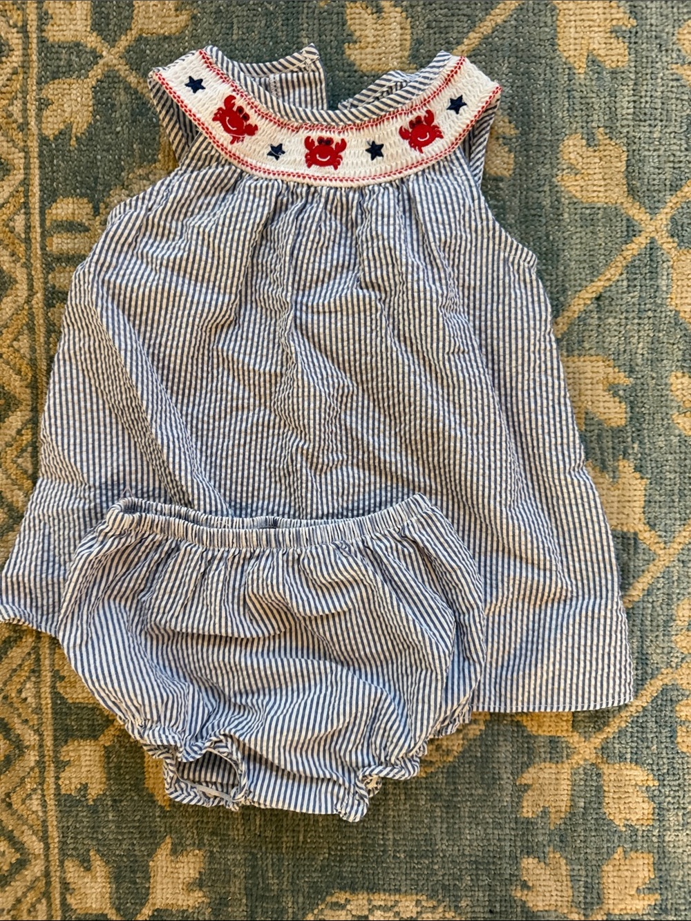 Good Lad Blue and White Seersucker Dress with Red Crab Embroidery